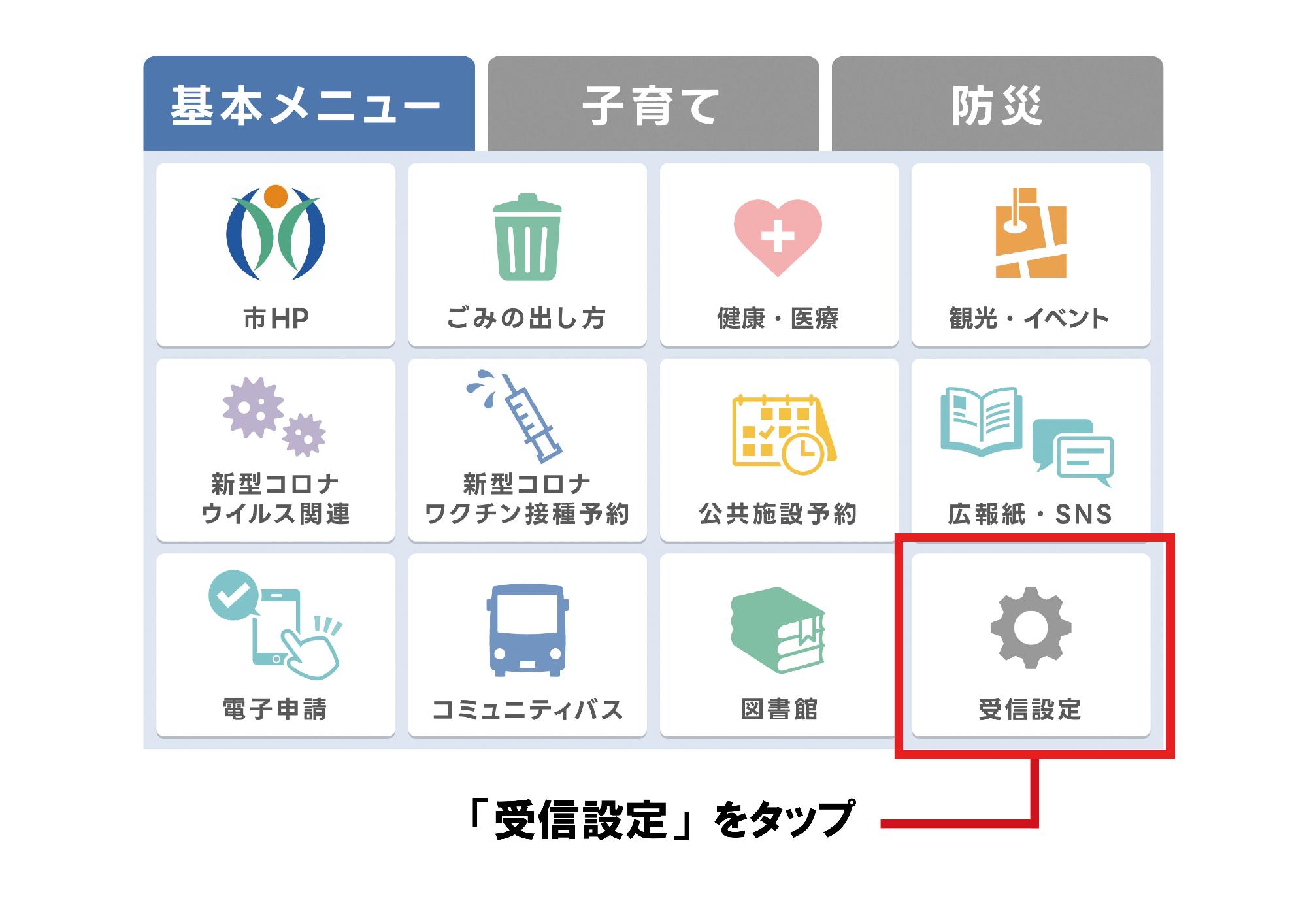 リッチメニュー左下にある「受信設定」をタップ