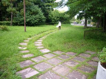 園内、芝生の上を散歩する人の写真