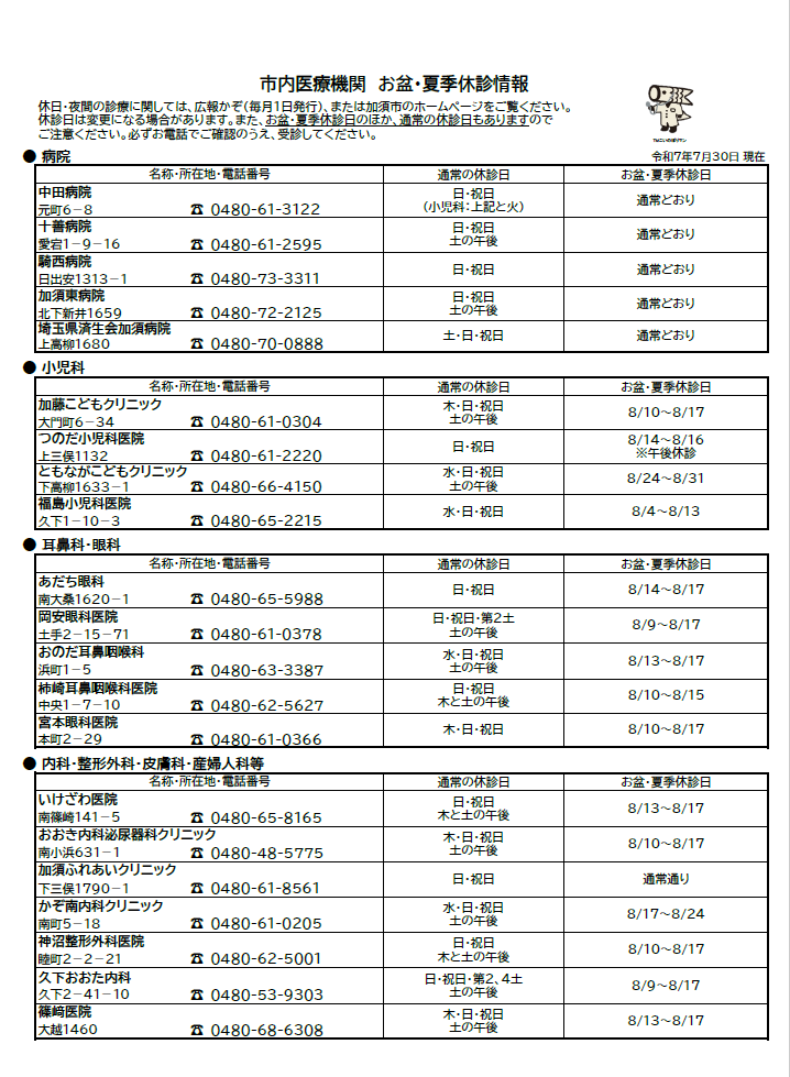市内医療機関 お盆・夏季休診日等診療情報