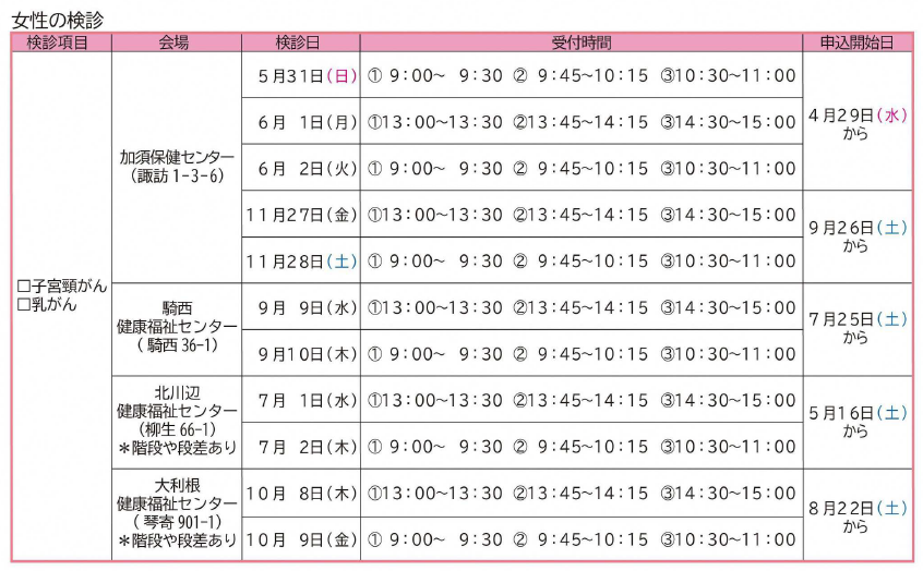 令和8年度乳・子宮頸がん検診日程
