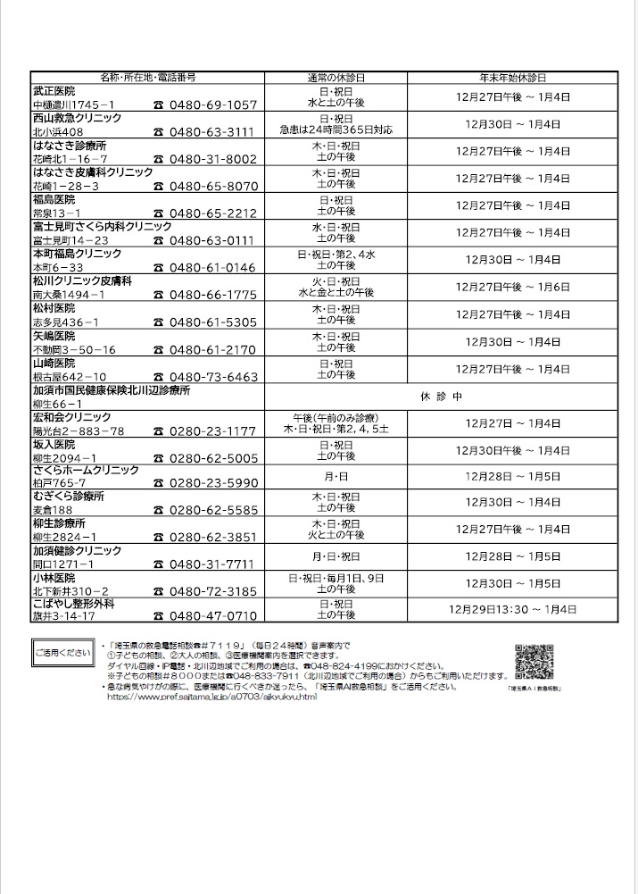 年末年始休診日等 診療情報