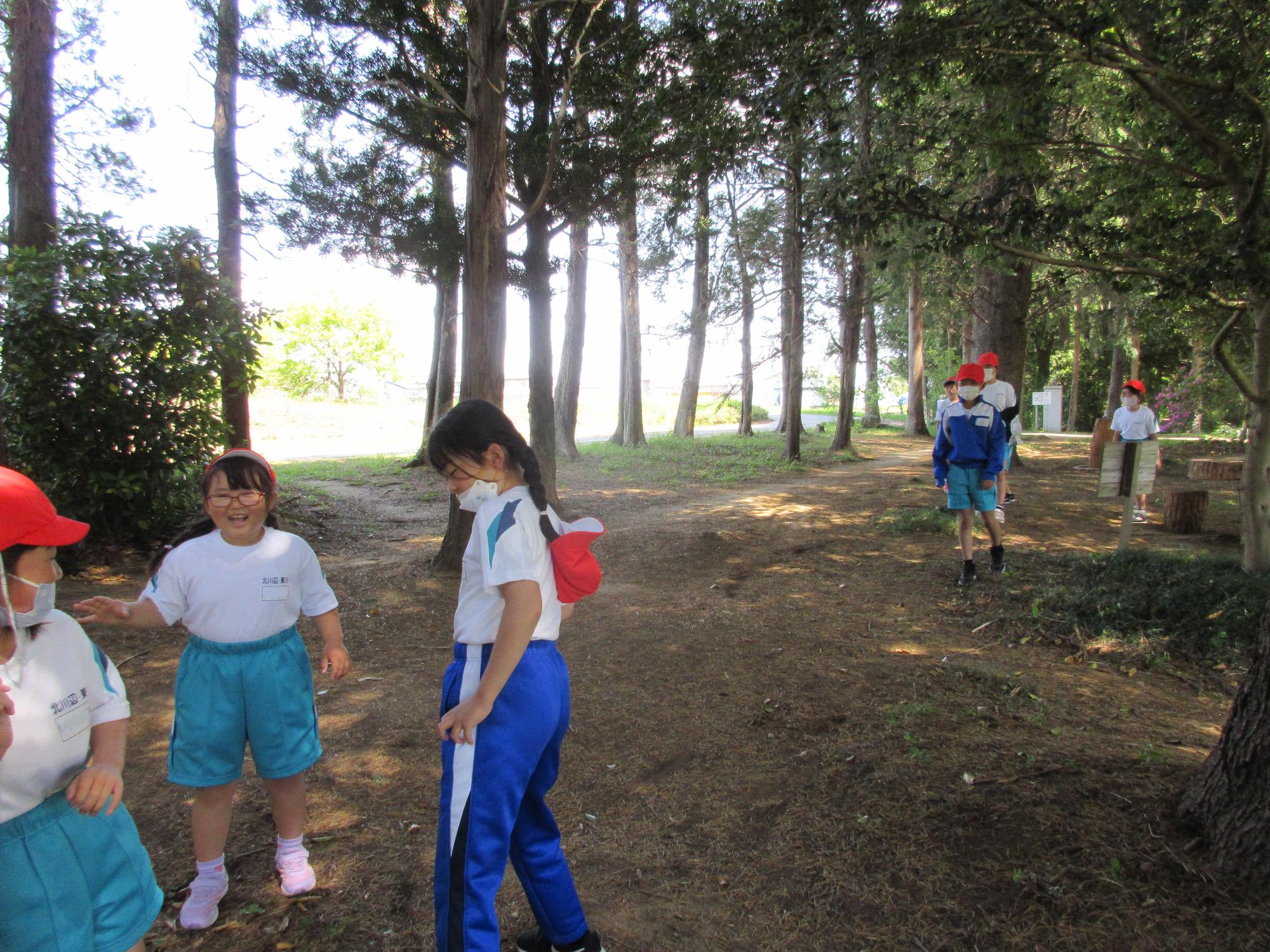 全校徒歩遠足 木陰で